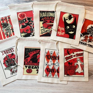 9 Halloween Retro Vintage Treat Candy Bags - Party Favor Bags - Drawstring Cotton Bags  Halloween Candy Bags