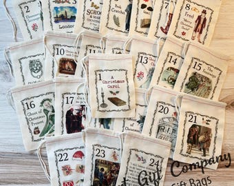 Christmas Carol Advent Calendar Christmas Bags - Scrooge - Dickens - Holiday Bag Set - Countdown to Christmas - 25 Bags