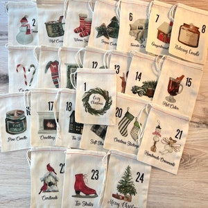 Cozy Advent Calendar Christmas Bags - Colorful Holiday Bag Set - Countdown to Christmas - Cotton Drawstring Bags - Advent Bags