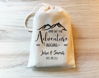 And So the Adventure Begins Wedding Party Favor Bag. Drawstring Cotton Personalized Custom