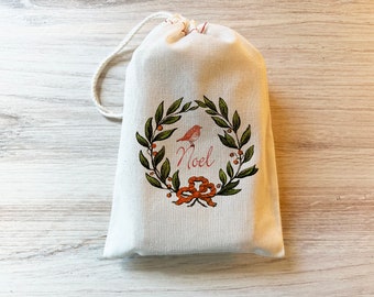 Noel Christmas Wreath Bags - Drawstring Bags - Christmas Gift Favor Bag, Wine Bags cotton Drawstring