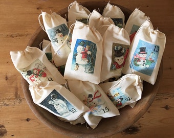 Snowman Advent Calendar Bags Christmas Holiday Bag Set. Countdown to Christmas - 25 Vintage 3x5 4x6