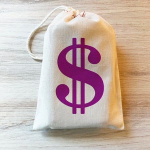 Dollar Sign Money Bag Favor Gift Bag. Cotton Drawstring Bag Purple
