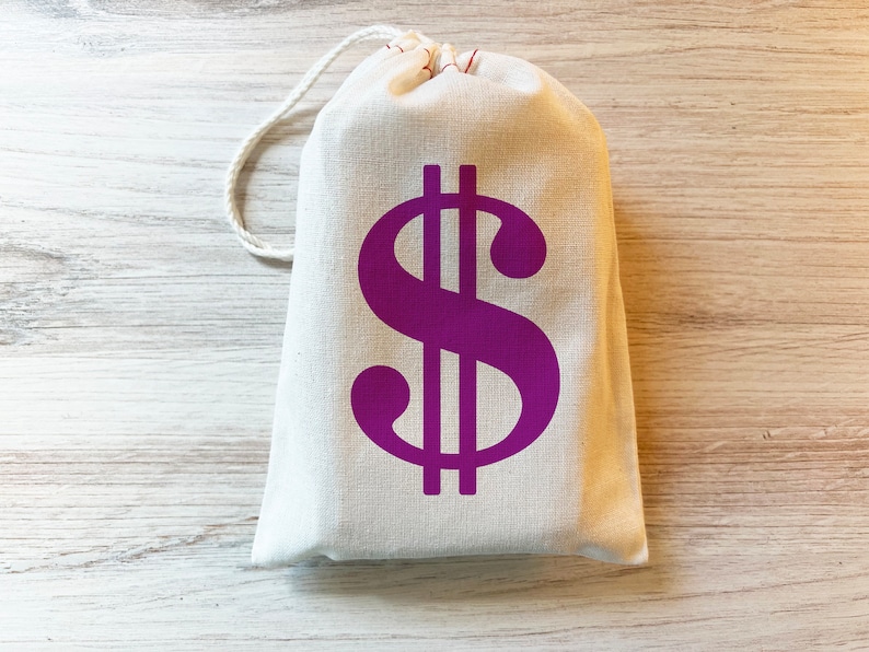 Dollar Sign Money Bag Favor Gift Bag. Cotton Drawstring Bag Purple