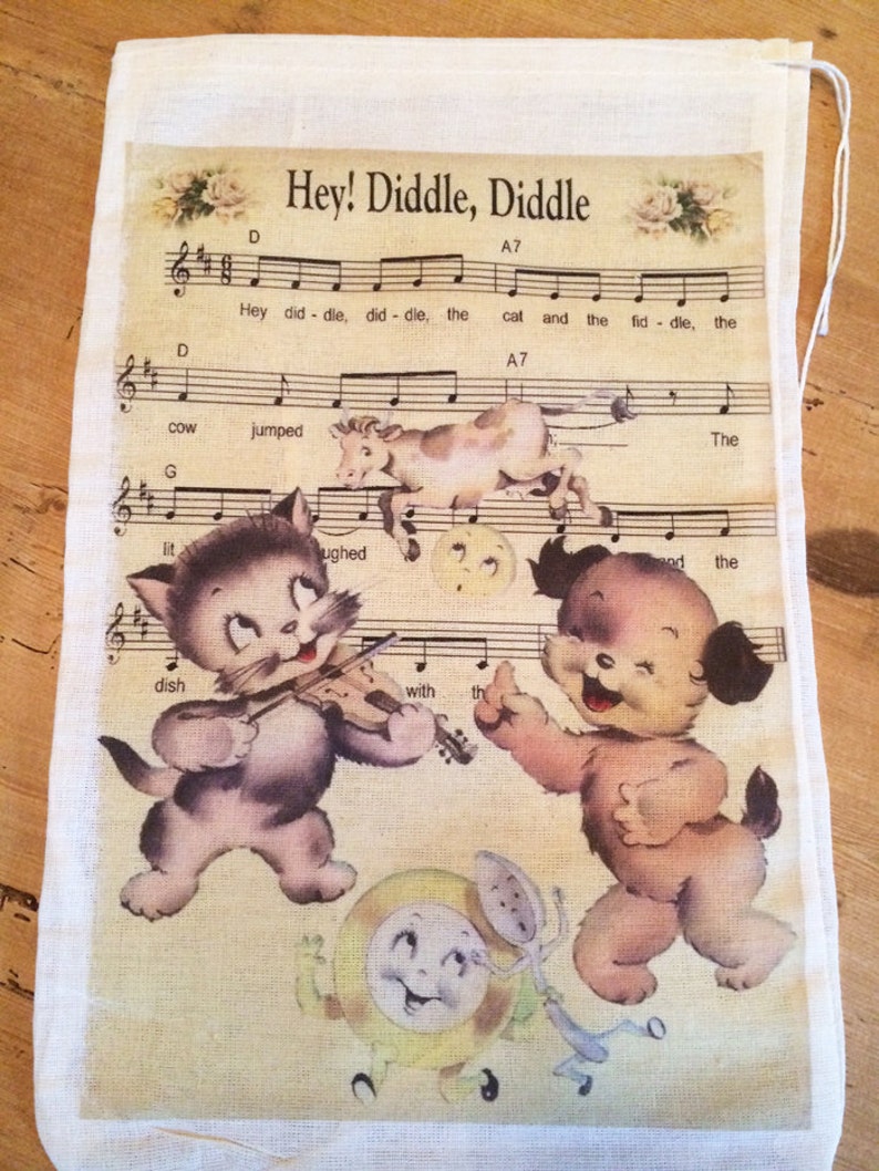 Favor Party bags 6x8 or 7x11 Vintage Music 1 Hey Diddle Diddle Bag Nursery Rhymes Book Bag