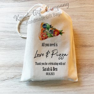 Love and Pizza - Wedding Shower Favor Bag. Couples wedding Rehearsal Bags Pizza Theme Drawstring Personalized custom Cotton
