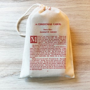 Christmas Carol - Scrooge  - Dickens Book Page Gift Holiday Bag - Party Favor - Cotton Drawstring