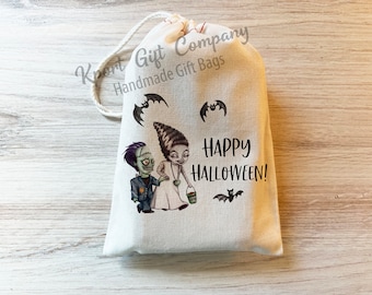Happy Halloween Frankenstein Bride Favor Bag Custom Personalized Bag - Party Favor Bags -  Cotton Drawstring Bags