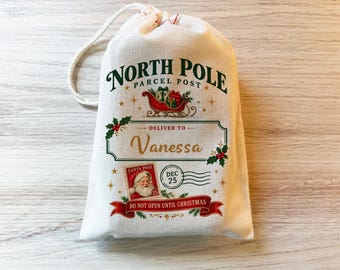 Personalized North Pole Christmas Bag, Santa Parcel Post Gift Bag, Custom Name Santa Sack, Handmade Christmas Gift Bag for Kids