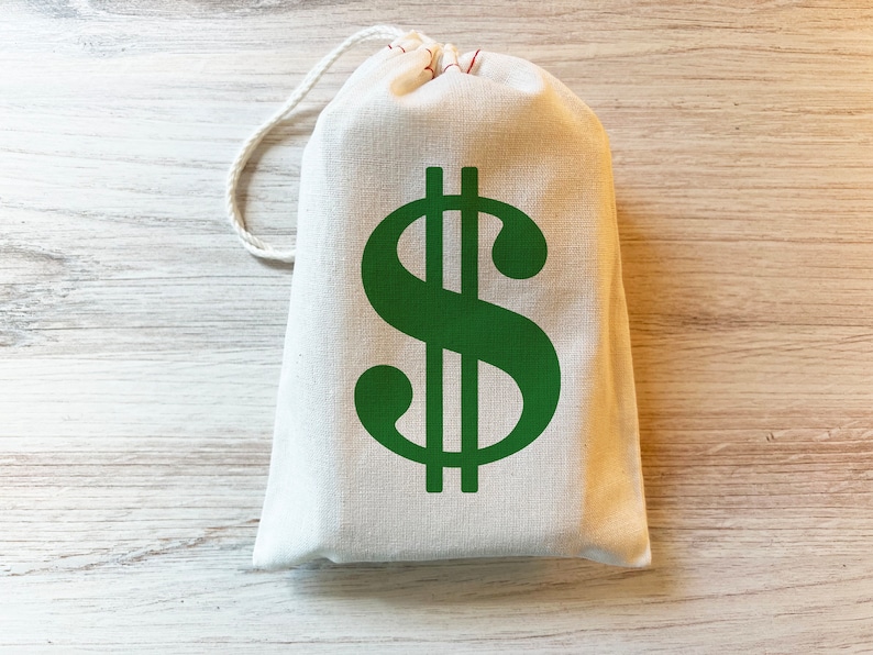 Dollar Sign Money Bag Favor Gift Bag. Cotton Drawstring Bag Green
