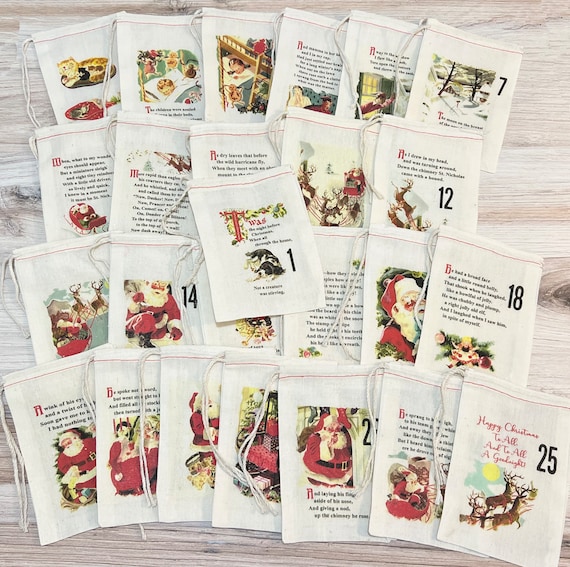 Night Before Christmas Advent Calendar Christmas Bags - Colorful Holiday Bag Set - Countdown to Christmas - Cotton Drawstring Bags - Advent
