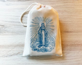1 Virgin Mary Rosary Bag - Catholic Prayer Bag - Cotton Drawstring Bag