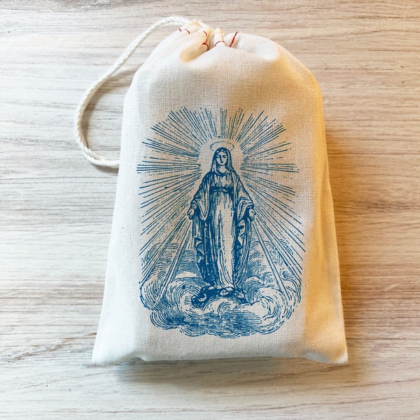 1 Virgin Mary Rosary Bag - Catholic Prayer Bag - Cotton Drawstring Bag