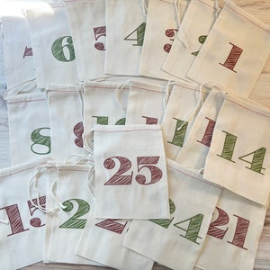 Advent Numbers Calendar Christmas Bags - Colorful Holiday Bag Set - Countdown to Christmas - Cotton Drawstring Bags 4x6 5x7 6x8 8x12