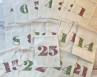 Advent Numbers Calendar Christmas Bags - Colorful Holiday Bag Set - Countdown to Christmas - Cotton Drawstring Bags 4x6 5x7 6x8 8x12