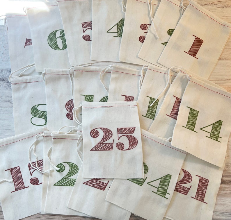 Advent Numbers Calendar Christmas Bags - Colorful Holiday Bag Set - Countdown to Christmas - Cotton Drawstring Bags 4x6 5x7 