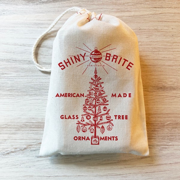 Shiny Brite Ornament Christmas Holiday Storage Gift Bag - Cotton Drawstring Stocking Stuffers - Vintage Christmas favor bags