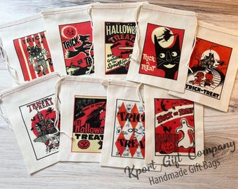Halloween Retro Vintage Treat Candy Bags - Party Favor Bags - Drawstring Cotton Bags  Halloween Candy Bags