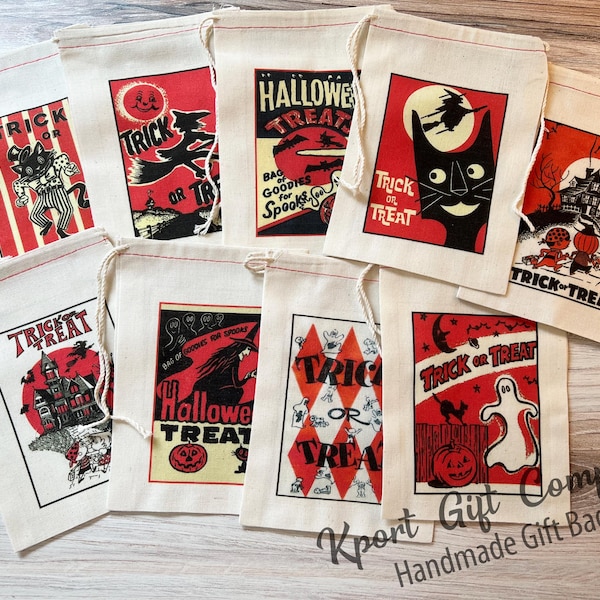 Halloween Retro Vintage Treat Candy Bags - Party Favor Bags - Drawstring Cotton Bags  Halloween Candy Bags
