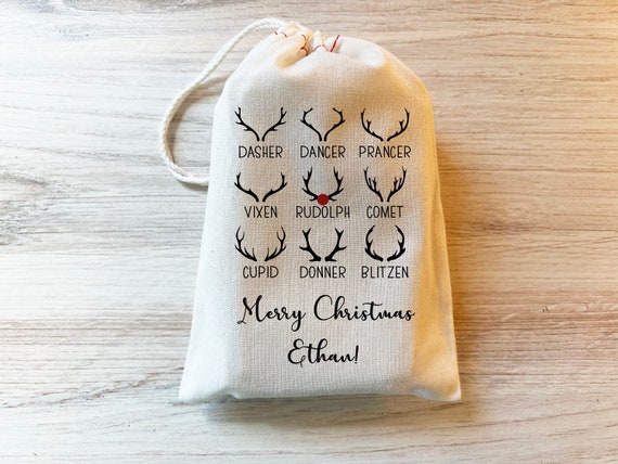 Reindeer Christmas - Merry Christmas Holiday Bag - Personalized Christmas bag - Custom name Christmas - Cotton Drawstring Bag