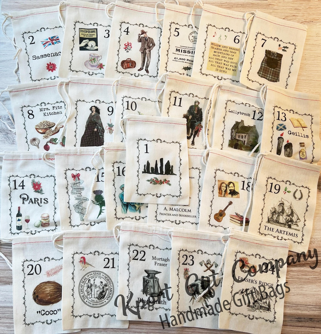 Outlander Inspired Advent Calendar Christmas Bags Sassenach Jamie
