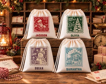 Personalized  Christmas Postage Stamp Gift Bag | Handmade Drawstring Bag | Custom Name Christmas Bag | Holiday Treat & Gift Bag