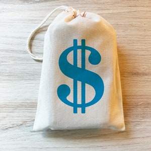 Dollar Sign Money Bag Favor Gift Bag. Cotton Drawstring Bag Blue