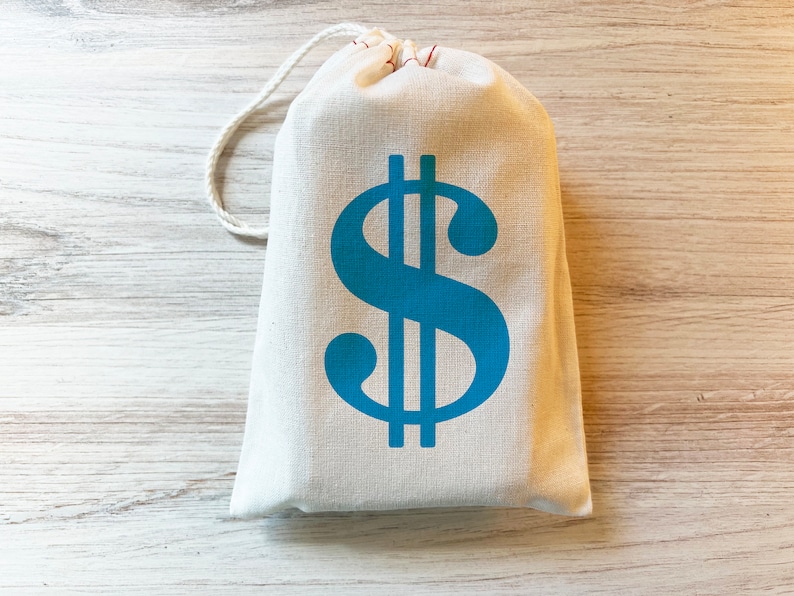 Dollar Sign Money Bag Favor Gift Bag. Cotton Drawstring Bag Blue