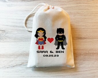 Wedding Superhero Inspired Gift Party Favor Bag. Geek Wedding. Drawstring Cotton Personalized