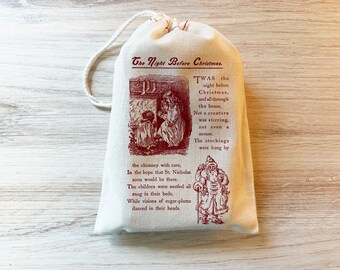 Night Before Christmas - Book Page Gift Holiday Bag - Party Favor - Cotton Drawstring - Christmas Bag