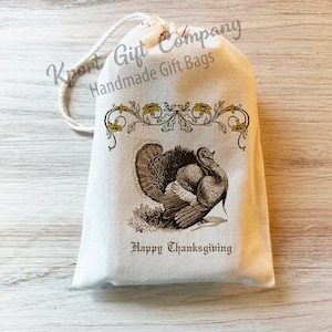 Happy Thanksgiving Holiday Favor Gift Bags. Turkey Victorian Vintage Cotton Bags Thanksgiving Favors