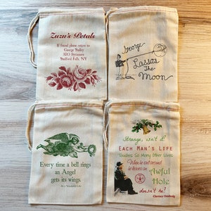 4 Its a Wonderful Life Merry Christmas Holiday Gift Bags. Set of 4 Cotton Drawstring Bags