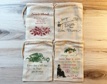 4 Its a Wonderful Life Merry Christmas Holiday Gift Bags. Set of 4 Cotton Drawstring Bags