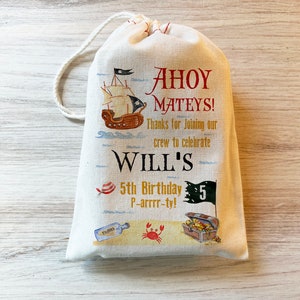 Pirate Thank you Bag  Custom Kids Party Favor Bags - Pirate theme - Personalized - Drawstring Bags - Cotton
