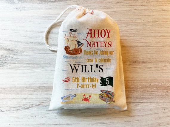 Pirate Thank you Bag Custom Kids Party Favor Bags - Pirate theme -  Personalized - Drawstring Bags - Cotton