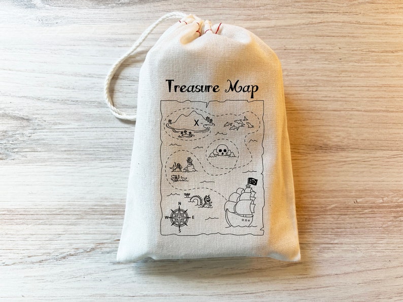 Treasure Map Bag Kids Party Favor Bags Pirate theme Geocaching Drawstring Bags Cotton image 1