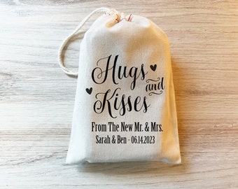 Hugs and Kisses from the new Mr. & Mrs. - Wedding Favor Bag. Candy Bags Drawstring Personalized custom Cotton