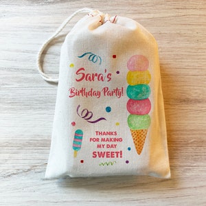 Ice cream birthday Gift Party Favor Bag. Drawstring Birthday Personalized custom Cotton Birthday favors icecream party