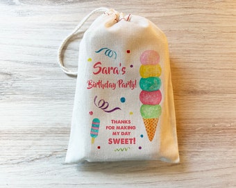 Ice cream birthday Gift Party Favor Bag. Drawstring Birthday Personalized custom Cotton Birthday favors icecream party