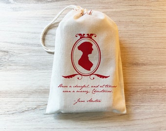 Jane Austen Christmas Holiday Favor Bags. Cotton Drawstring