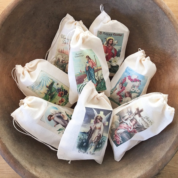 Easter Religious Catholic Gift Bags. Set of 8 Vintage 4x6 Drawstring Cotton