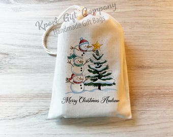 Personalized Snowman Christmas Gift Bag | Custom Cotton Drawstring | Holiday Reusable Gift Sack for Kids & Family | Custom Christmas Bag