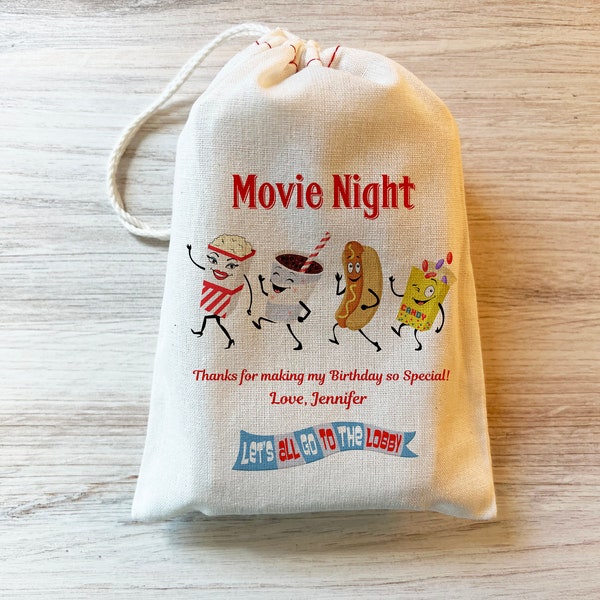 Movie Night Birthday Thank You Personalized Party Favor Gift Bags Movie Party Goodie Bags Popcorn Candy Soda Design Cotton Bags