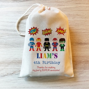 Superhero Boys or Girls Gift Party Favor Bag. Drawstring Birthday Bags Personalized Cotton