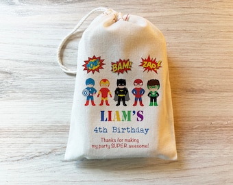Superhero Boys or Girls Gift Party Favor Bag. Drawstring Birthday Bags Personalized Cotton
