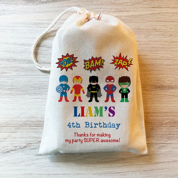 Superhero Boys or Girls Gift Party Favor Bag. Drawstring Birthday Bags Personalized Cotton