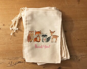 1 Woodland Fox Deer Owl Forest Gift Party Favor Bags. 5x7 6x8 7x9 7x11 Drawstring Birthday Gift Basket Bags Personalized. Cotton