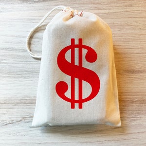 Dollar Sign Money Bag Favor Gift Bag. Cotton Drawstring Bag Red