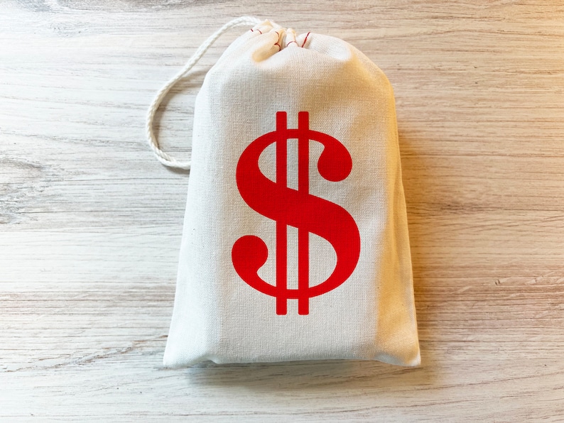 Dollar Sign Money Bag Favor Gift Bag. Cotton Drawstring Bag Red