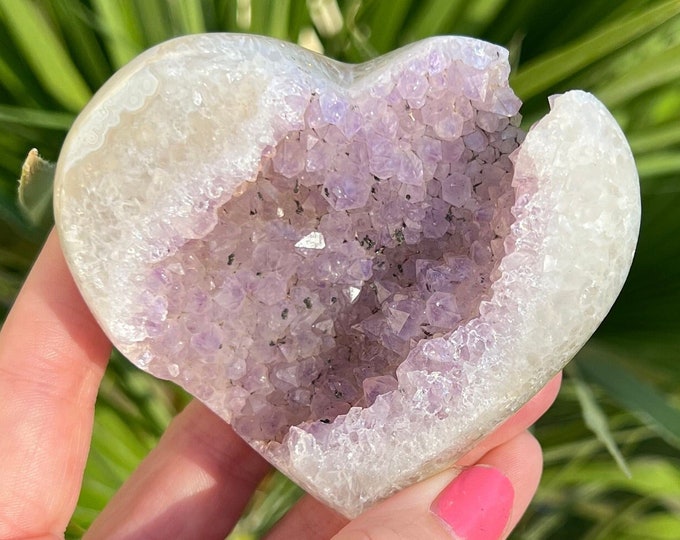 Featured listing image: Lovely purple and white druzy agate heart | sparkly purple geode crystal carving